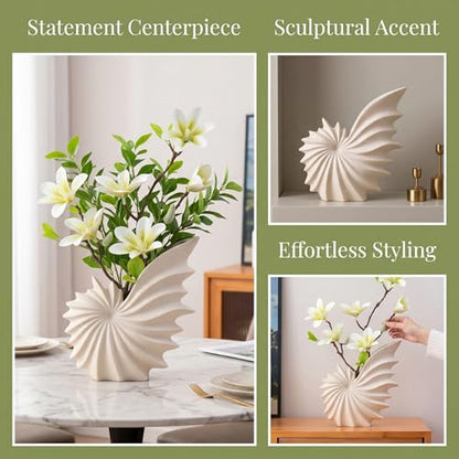 White Ceramic Seashell Vase for Pampas Grass and Flowers | Modern Tabletop Coastal Home Decor Accent for Living Room, Coffee Table, Entryway, Bookshelf and Dining Table