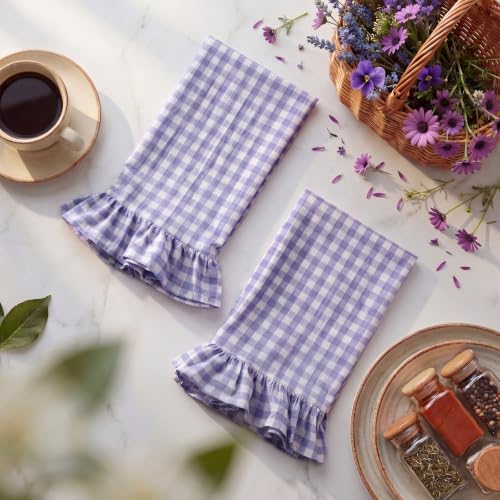 HunnmingRe Purple Kitchen Towels Set of 2, 100% Cotton Ruffled Gingham Dish Towels 18"x28" Absorbent Tea Cloths Classic Plaid Pattern for Farmhouse Charm, Drying Dishes, Entertaining Guests - color: Purple, style: Gingham