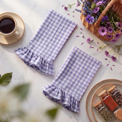 HunnmingRe Purple Kitchen Towels Set of 2, 100% Cotton Ruffled Gingham Dish Towels 18"x28" Absorbent Tea Cloths Classic Plaid Pattern for Farmhouse Charm, Drying Dishes, Entertaining Guests - color: Purple, style: Gingham