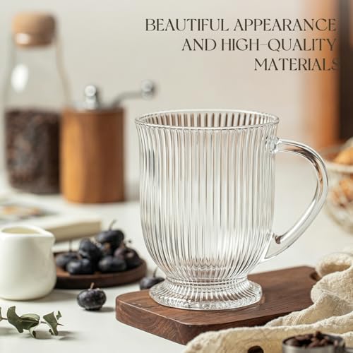 KEMORELA 16oz Ribbed Glass Coffee Mugs Set,Large Glass Mugs with Handle | 8-pack,Clear Thick glass,Wide base,Microwaves,Dishwasher safe,For Ice Coffee,Americano,Latte,Tea,Juice,Hot/Cold Beverages - color: Ribbed-8PCS