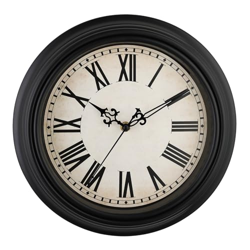 Plumeet Retro Wall Clock, 12'' Non Ticking Classic Silent Vintage Wall Clocks Decorative Kitchen Living Room Bedroom, Roman Numerals, Battery Operated, Black - color: Black, size: 12''
