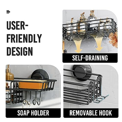 Shower Caddy Suction Cup, 2 Pack Suction Shower Shelf With Hooks | Black Shower Caddies, Soap holder, NO-Drilling Bathroom Holder, Rustproof bathroom organizer - color: 2 X Black