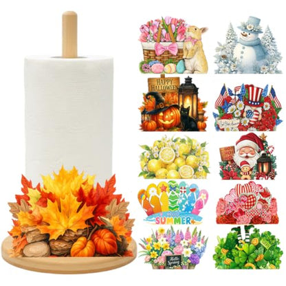 Bamboo Paper Towel Holder with 11 Set Interchangeable Holiday Signs, Rustic Kitchen Decor | Seasonal Countertop Stand for Christmas,Spring,Summer,Fall,Winter,Valentine's Day,Easter,Halloween,