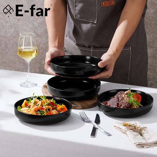 E-far Stoneware Pasta Bowls Set of 4, 35oz Double Reactive Black Glaze | Wide & Shallow Ceramic Pasta Plates for Serving Salad Soup Dinner, Dishwasher & Microwave Safe, Matte Black - color: Matte Black