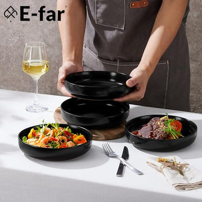 E-far Stoneware Pasta Bowls Set of 4, 35oz Double Reactive Black Glaze | Wide & Shallow Ceramic Pasta Plates for Serving Salad Soup Dinner, Dishwasher & Microwave Safe, Matte Black - color: Matte Black