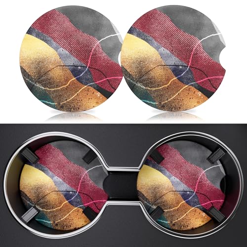2 Pack Car Cup Holder Coaster, 2.63 inch Anti Slip Insert Absorbent Ceramic Car Coaster with Cork Base and Finger Notch, Cute Car Accessories Interior for Women, Cute Car Coasters., CH0025 - color: Red Gold Marble
