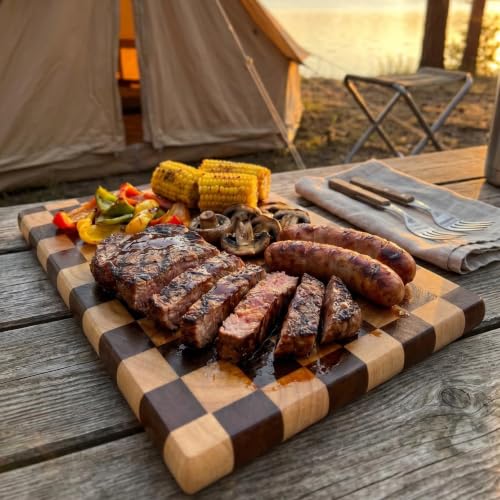 Checkered Cutting Board for Kitchen, 16"L x 11"W x 1"Th – Wooden Chopping, Cheese & Charcuterie Board in Acacia Wood, Butcher Block Serving Tray for Meat, Fruit, Bread & Vegetables | 16" x 11" x 1" Thick | Acacia & Rubber Wood | Cheese & Charcuterie Board