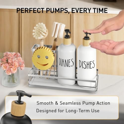 Moforoco Kitchen Dish Soap Dispenser Set, 16OZ Glass Bottle, Hand and Dish Soap Dispenser Set, Instant Dry Tray, Brush Holder with Smiley Face Sponge Holder (Silver Tray+White Bottle) - color: Silver Tray+white Bottle