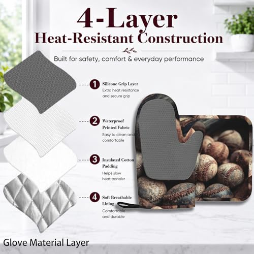 Baseball Heat-Resistant Oven Mitts and Pot Holder Kitchen Non-Slip Silicone Cooking Microwave Gloves for Cooking Baking Grilling - color: Baseball