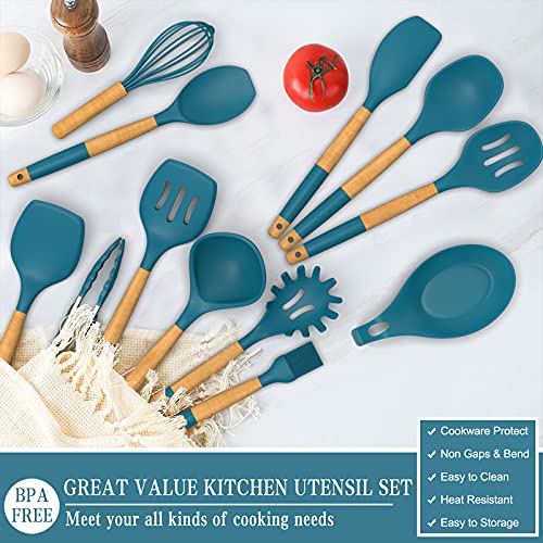 33 PCS Silicone Kitchen Utensils Set, Umite Chef Heat Resistant Cooking Utensils Set With Holder, Wooden Handle Kitchen Gadgets Tools Spatula for Nonstick Cookware