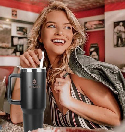 40 oz Tumbler with Handle and Straw or Convert to 40 oz Insulated Water Bottle Fits in Cup Holder. Stainless Steel Metal Water Flask with 2 Lids for Travel,Camping,Gym Sports Coffee Mug Thermal Cup - color: Black
