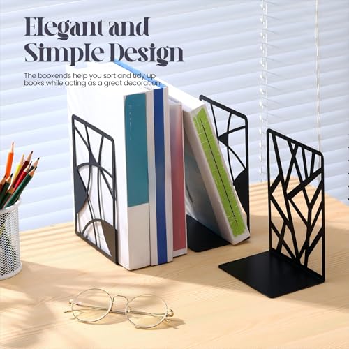 Feifeiya 6 Pairs Decorative Book Ends Metal Bookends for Shelves Black Metal Heavy Duty Book Ends Holder Supports Stoppers for Home Office School, 6.9x4.9x3.5”(Geometrical) - style: Geometrical