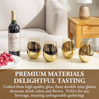 MyGift 18 oz Amber Brown Stemless Wine Glasses, Brass Accent, Set of 4 | Angled brass accents and amber glass create a retro-inspired look for cocktails, wine, dinners, and special occasions - color: Amber / Gold-4