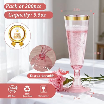 100 Pack Pink Plastic Champagne Flutes with Gold Rim, 5.5 Oz Clear Disposable Plastic Champagne Glasses, Wine Glasses Cups for Wedding Celebration Birthday Party Wine Tasting New Years Eve Supplies - color: Gold Rim Pink, size: 100-Pack