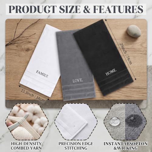 3 Pcs Farmhouse Decorative Hand Towels, Bathroom Kitchen Cotton Towel Set | 13.8x29.5 Inch Embroidery Cotton Hand Towels, Rustic Boho Decor for Bathroom Kitchen, Housewarming Gift(Family Love Home)