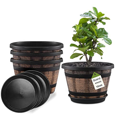 Quarut Plant Pots Set of 4 Pack 12 inch,Large Whiskey Barrel Planters with Drainage Holes & Saucer.Plastic Flower Pots Imitation Wine Barrel Design, for Indoor & Outdoor Garden Home Plants (Brown) - size: 12 inches