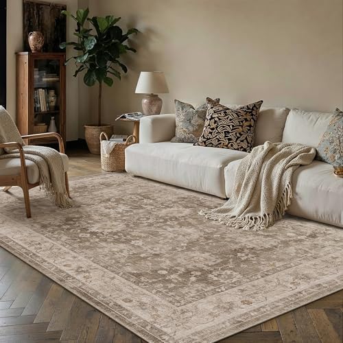 5x7 Taupe Retro Distressed Washable Area Rug for Living Room | Low Pile, Non Slip, Vintage Distressed, Soft Indoor Rug for Living Room, Bedroom, Dining Room, Office, Home Decor - color: A| Taupe, size: 5' x 7' (Rectangular)
