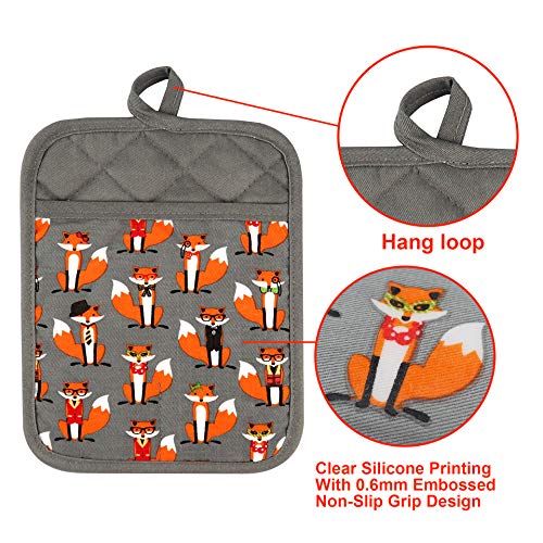 Pot Holders Set of 2,Non Slip Clear Silicone Printed Potholdes | Resistant 480 ℉,Comfortable Cotton Lining Kitchen Women Men Cooking Baking Microwave (Fox, Gray Potholders) - color: Fox, Gray Potholders