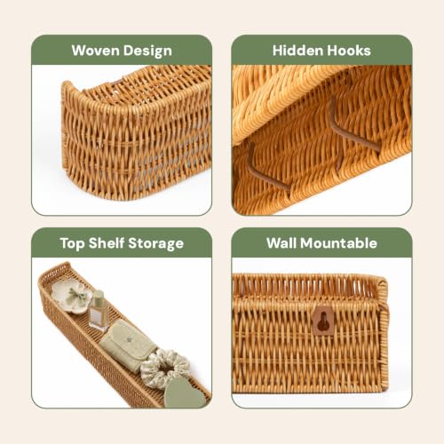 Handwoven Rattan Coat Rack Wall Mount with Shelf, 5 Hidden Hooks for Entryway, Modern Japandi Scandinavian Wall Organizer for Coats, Bags & Towels, Natural Minimalist Decor
