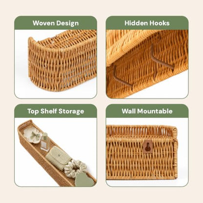 Handwoven Rattan Coat Rack Wall Mount with Shelf, 5 Hidden Hooks for Entryway, Modern Japandi Scandinavian Wall Organizer for Coats, Bags & Towels, Natural Minimalist Decor