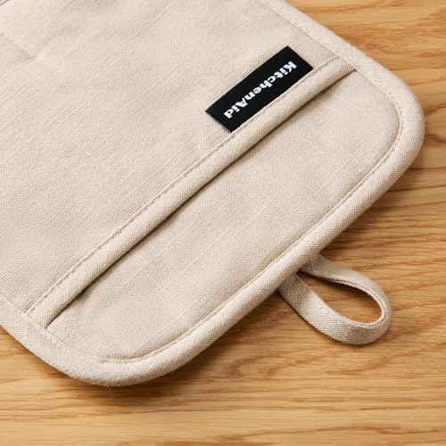 KITCHENAID Gourmet Series Gridlines Pot Holders 2-Pack Set, Heat Resistant up to 600°F, Soft Silicone Grip, Magnetic Cuff, Milkshake Tan, 8"x8" - color: Milkshake Tan