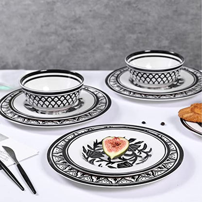 Melamine Dinnerware Sets-12pcs Melamine Plates and Bowls Set, Round | Unbreakable, Dishwasher Safe, Indoor Outdoor Use, Ideals for Parties, Camping Dish Set, Black and White Pattern - color: Black White