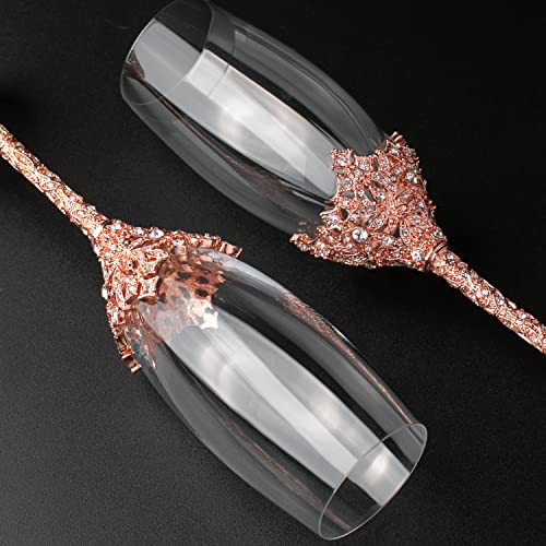 Champagne Flutes - Crystal Glass Metal Base With Crystal Stones, Set of 2 Toasting Flute Pair, Wedding Anniversary Party Birthday Banquets and Gifts for Bride and Groom (Rose Gold) - color: Rose Gold