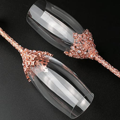 Champagne Flutes - Crystal Glass Metal Base With Crystal Stones, Set of 2 Toasting Flute Pair, Wedding Anniversary Party Birthday Banquets and Gifts for Bride and Groom (Rose Gold) - color: Rose Gold