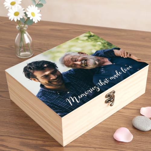 Personalized Keepsake Box with Photo, Pine Memory Wooden Box Gifts for Couple Mom Dad with Lids, Love Story Storage Wood Box, Jewelry Letters Rustic Memento Boxes for Wedding Anniversary - color: Photo