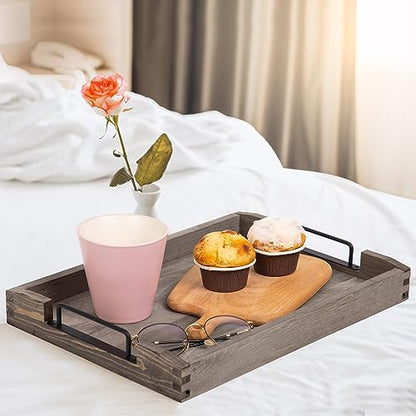 Country Rustic Torched Wood Nesting Breakfast Serving Trays with Handles, Set of 3 (Dark Grey) - color: Dark Grey