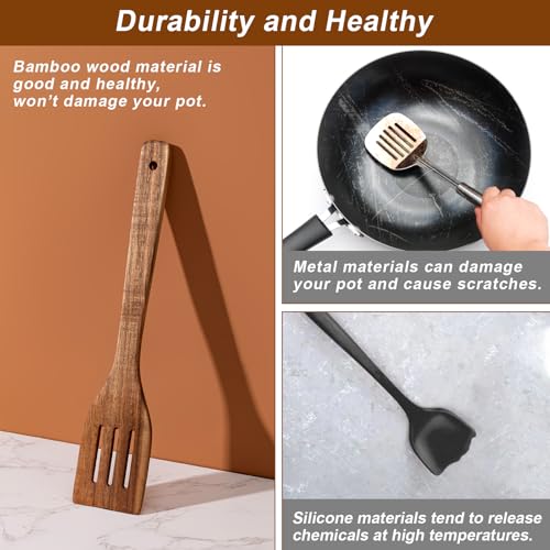 Eisinly Wooden Spoons for Cooking 7-Piece, Kitchen Nonstick Wood Cooking Utensils Set, Durability Wooden Spatula Spoon for Everyday Use, Brown - color: Brown-Wood, style: Square-edge