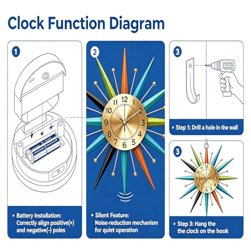 22 Inch Mid-Century Style Metal Crystal Wall Clock, Star-Shaped Silent Decorative Wall Clock, Suitable for Living Room,Bedroom,Dining Room,Porch,Office