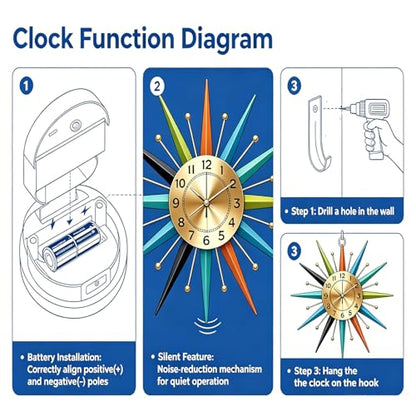 22 Inch Mid-Century Style Metal Crystal Wall Clock, Star-Shaped Silent Decorative Wall Clock, Suitable for Living Room,Bedroom,Dining Room,Porch,Office