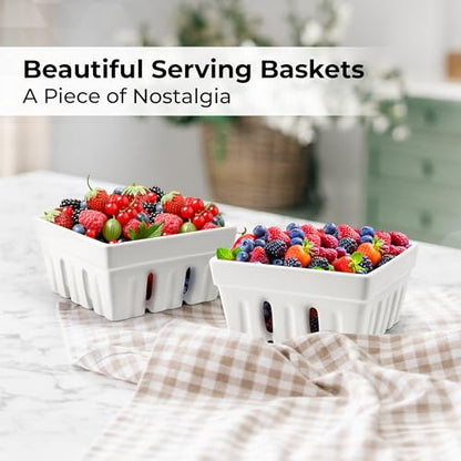 MIAMIO - Ceramic Berry Basket Set of 2, Decorative Fruit Bowl Set for Berries, Fruits and Vegetables, Kitchen Storage Bowls for Strawberries, Blueberries, Snacks and Serving