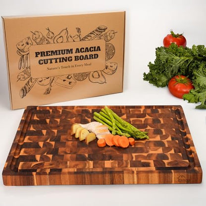 Howizz Solid Acacia Wood 17"x13" Cutting Board, Extra Thick 1.5" End Grain Butcher Block For Kitchen, Non Toxic Pre-Oiled Carving Tray, Juice Grooves and Easy Grip Handle Chopping Board - color: End Grain, size: 17"L x 13"W