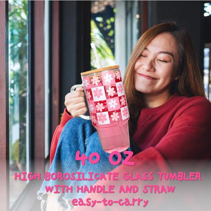 ANOTION Birthday Pink Glass Cup with Handle Gift Box for Women | Coquette Gift Basket for Her, Glass Cup with Handle, Fuzzy Socks, Knitted Coaster, Plush Bouquet - color: Pink-Flower
