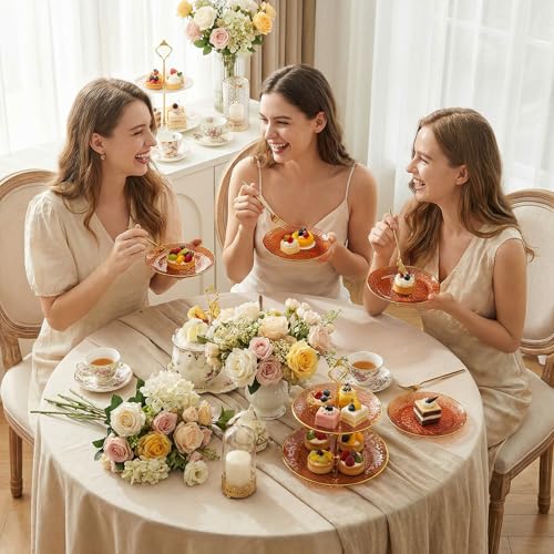 Rubtlamp 200Pcs Brown Plastic Dessert Plates with Gold Rim, 6inch Fancy Amber Plastic Plates Include 100 Hammered Appetizer Plates and 100 Disposable Gold Forks for Party Wedding Birthday - color: Brown gold