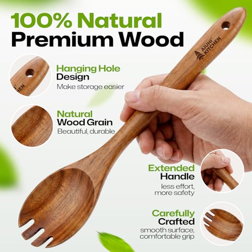 Wooden Salad Spoon Fork, 2-in-1 Teak Wood Cooking Utensil, Long Handle Non-Stick Safe Pasta Server for Mixing Tossing Serving Salad Pasta and Fruits