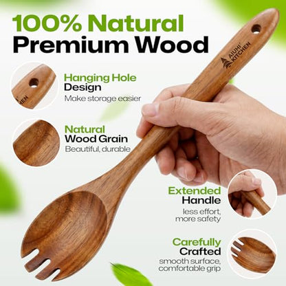 Wooden Salad Spoon Fork, 2-in-1 Teak Wood Cooking Utensil, Long Handle Non-Stick Safe Pasta Server for Mixing Tossing Serving Salad Pasta and Fruits