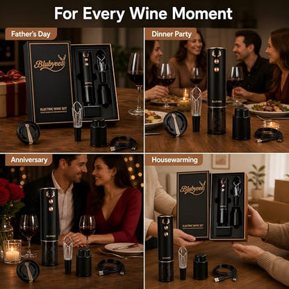 BLUBYEES 4-in-1 Electric Wine Opener Set – Rechargeable Automatic Corkscrew, Foil Cutter, Aerator & Vacuum Stopper, Wine Accessories Gift Set for Dad, Father’s Day Gifts for Men, Husband, Wine Lovers | Foil Cutter, Aerator Pourer, Vacuum Stopper, Automati