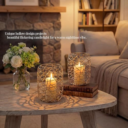 Nest Decorative Lanterns for 3'' Pillar Candles, Gold Candle Holders Set of 2, Rustic Candleholder Stand for Fireplace Mantel Decor & Table Centerpieces for Christmas, Thanksgiving