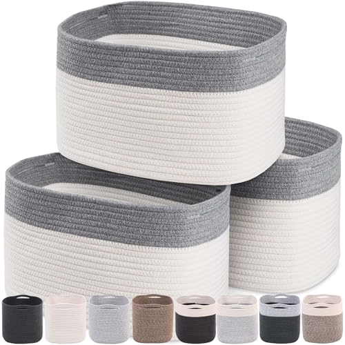 CHAT BLANC Cotton Rope Baskets for Organizing, Shelves, Toys, Storage, Shoe, Bathroom, Laundry, Towel, Nursery, Home Decor, Blanket, Cloth Woven Bins Fabric (Dark Gray & Creamy White7, 15"x10"x9") - color: Dark Gray & Creamy White7