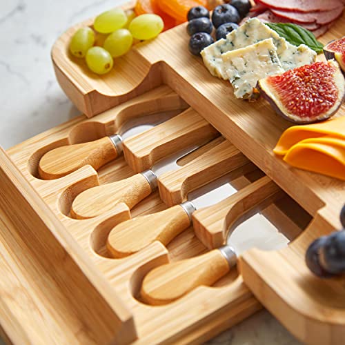 Bamboo Cheese Board and Knife Set with Slide-Out Cutlery Drawer | Charcuterie Boards Set & Cheese Platter - Birthday Gifts for Women, Wedding Gifts for Couples , Bridal Shower Gifts - style: Cheese Board Set2