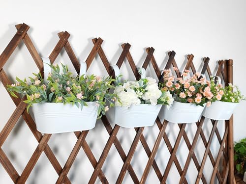 6 Pack 10" Metal Hanging Fence Planter Outdoor with Detachable Hooks, White | Removable hook, Drainage hole, Rustproof, For flowers / herbs / succulents, veggies, For railings / fences / balconies - color: White