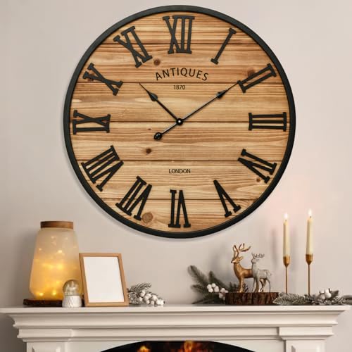 EMAX HOME 30 Inch Farmhouse Wall Clock - Large Rustic Wood, Silent Sweep, Battery Operated for Living Room Kitchen Office, Brown - size: 30 Inch