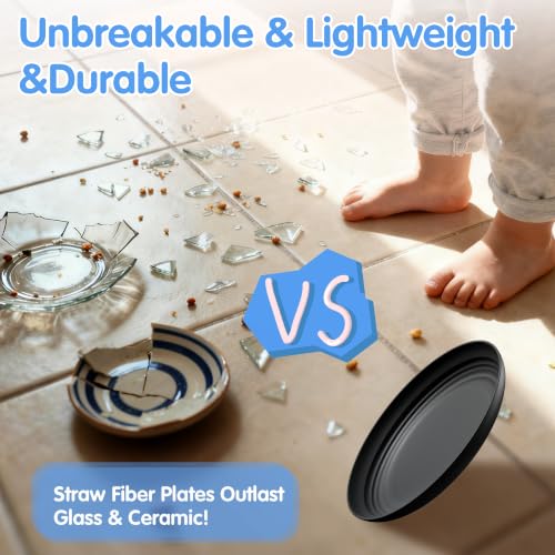 Quatish 10 PCS Reusable Plastic Plates,8 inch Dinner Plate,Plate set，Black | Unbreakable,Dishwasher & Microwave Safe, Easy-to-Clean,Lightweight,Portable,for Camping Salad, Kitchen & Picnics,Wheat Straw - color: Black