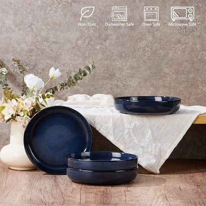 E-far Blue Pasta Bowls Set of 4, 35oz Double Reactive Glaze Stoneware | Wide & Shallow Ceramic Pasta Plates for Serving Salad Soup Dinner, Dishwasher & Microwave Safe - color: Deep Sea Blue