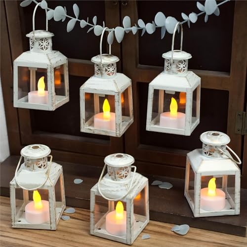 TRIROCKS 6 Pcs Small Metal Candle Lanterns Vintage Hanging House Tealight Lantern Decorative Candle Tea Light Holders for Table Valentine Patio Indoor Outdoor Gifts(White with Gold Brush) - color: White