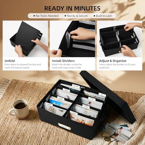 Collapsible Photo Storage Box, Adjustable Dividers - Black, 35cm | Holds 1700 Photos, Hook & Loop Dividers, Handle, Label Stickers - color: Black, size: 13.78"x11"x 5.12"