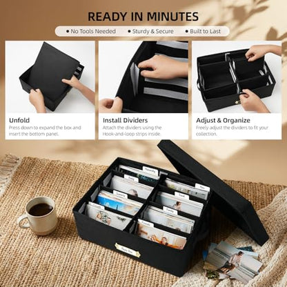 Collapsible Photo Storage Box, Adjustable Dividers - Black, 35cm | Holds 1700 Photos, Hook & Loop Dividers, Handle, Label Stickers - color: Black, size: 13.78"x11"x 5.12"